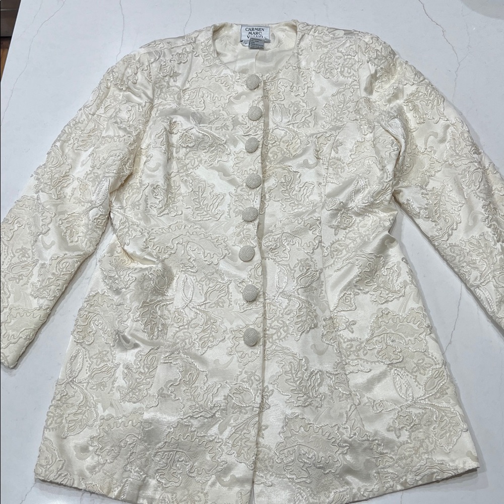 Embellished, beaded and brocade stunning ivory suit by Carmen Marc Valvo.